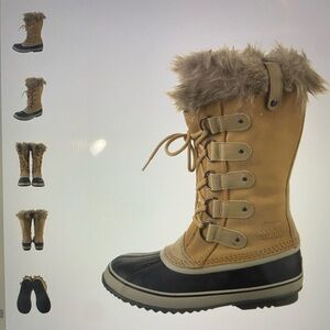 Sorel suede med-calf lace up boots. 
Neutral metal, rubber, & faux fur
Round toe